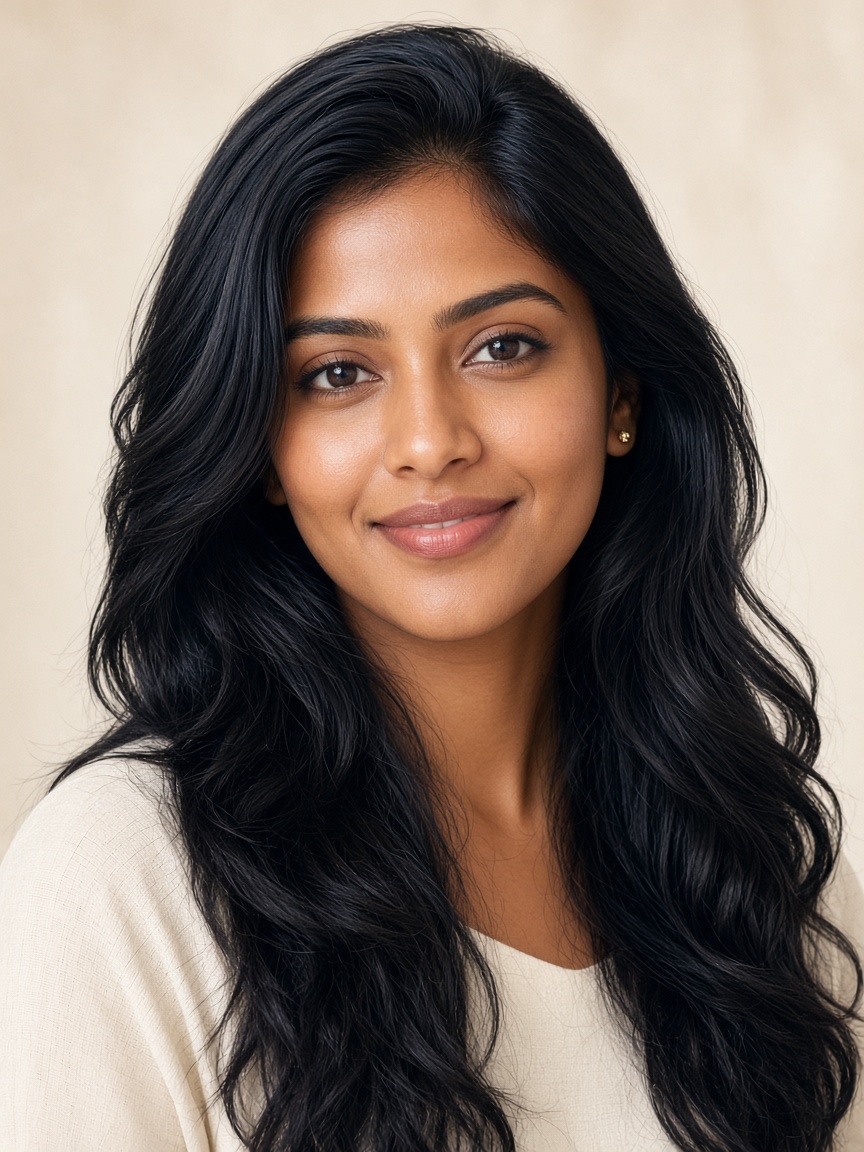Young woman with thick, healthy dark hair
