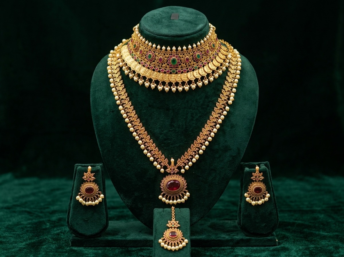 Grand South Indian bridal temple jewellery necklace set on emerald velvet bust