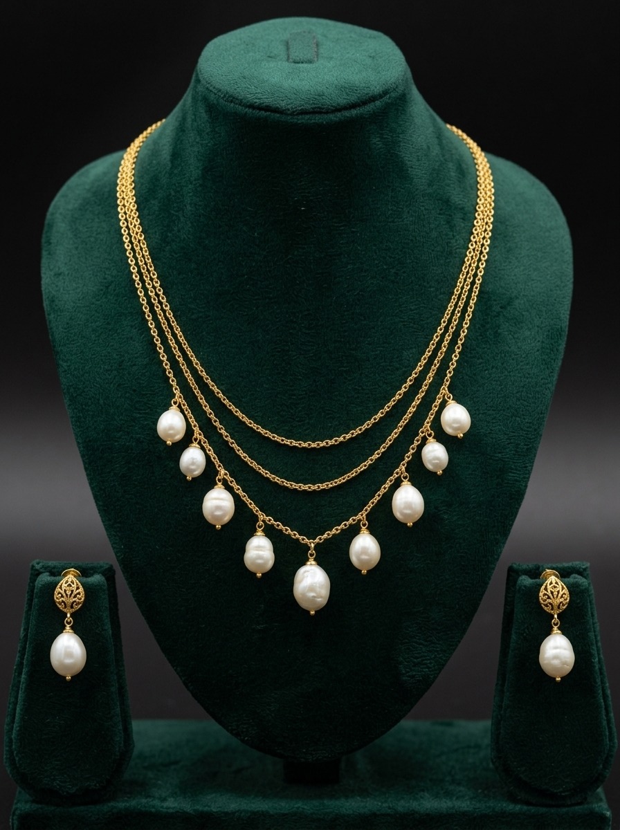 Pearl Drop layered fine gold necklace with South Sea pearl drops